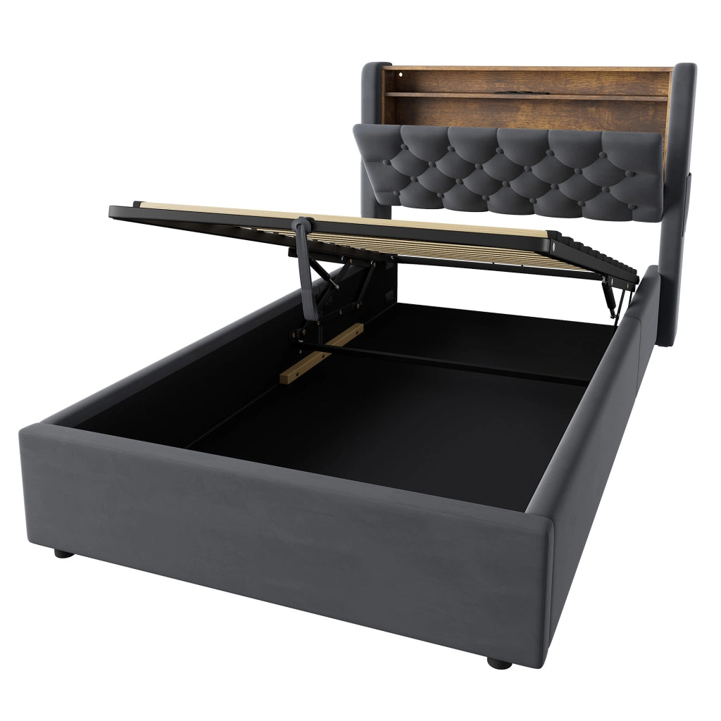 LETTO Imbottito 90 x 200 cm in Velluto Grigio con LED, USB e Contenitore