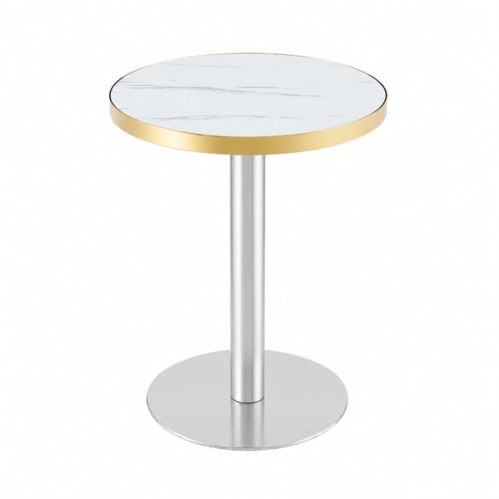 Tavolo da giardino bistrot rotondo con base stabile, effetto marmo e bordo dorato, per balcone, bianco, 60 × 73,7 cm