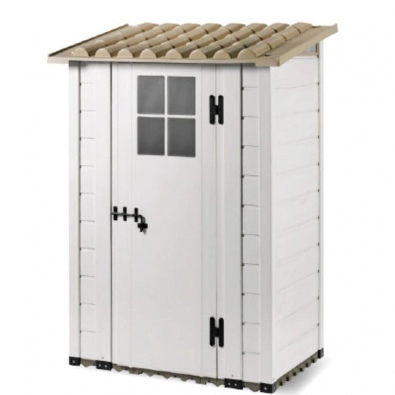 Casetta da Giardino in Resina Tuscany Evo 100 con 1 porta centrale, Pavimentazione inclusa, colore Beige, 95x139x201h cm
