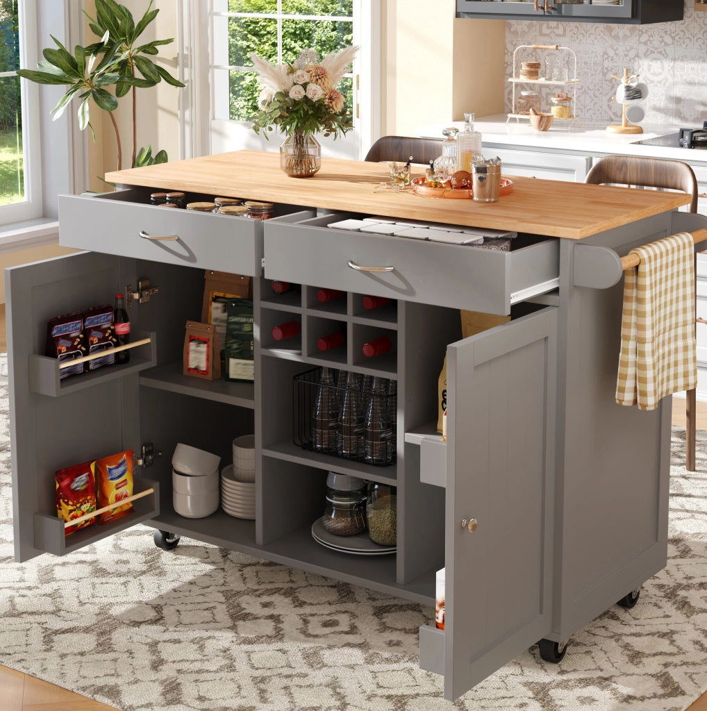 Isola da cucina con ruote e portabottiglie 102x45x92 cm in MDF e metallo grigio