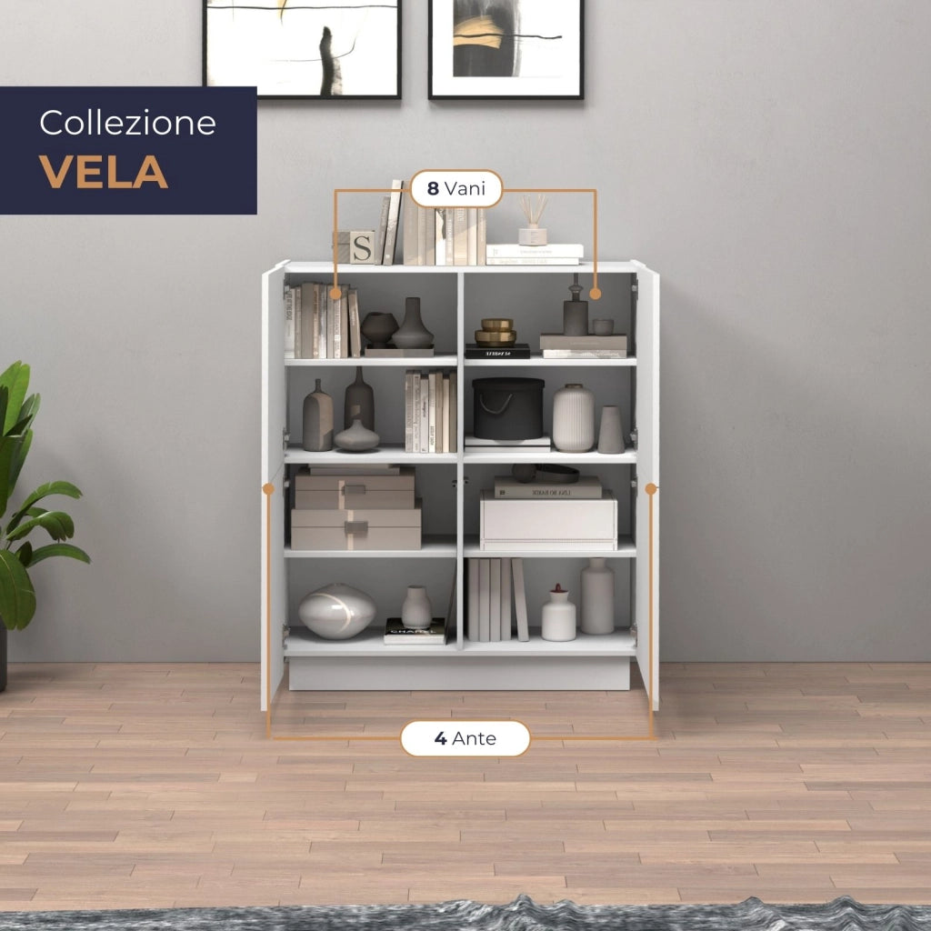 WHOUS Credenza Vela con 4 ante colore bianco lucido 100x35x120,4 cm