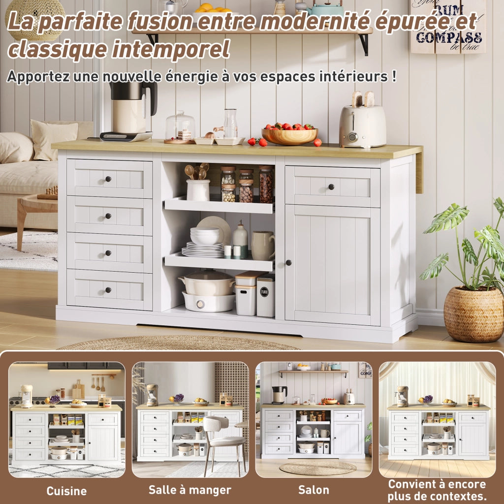 Credenza con piano ribaltabile 5 cassetti 2 ripiani estraibili prese e USB bianco naturale 150 × 65 × 75.5 cm