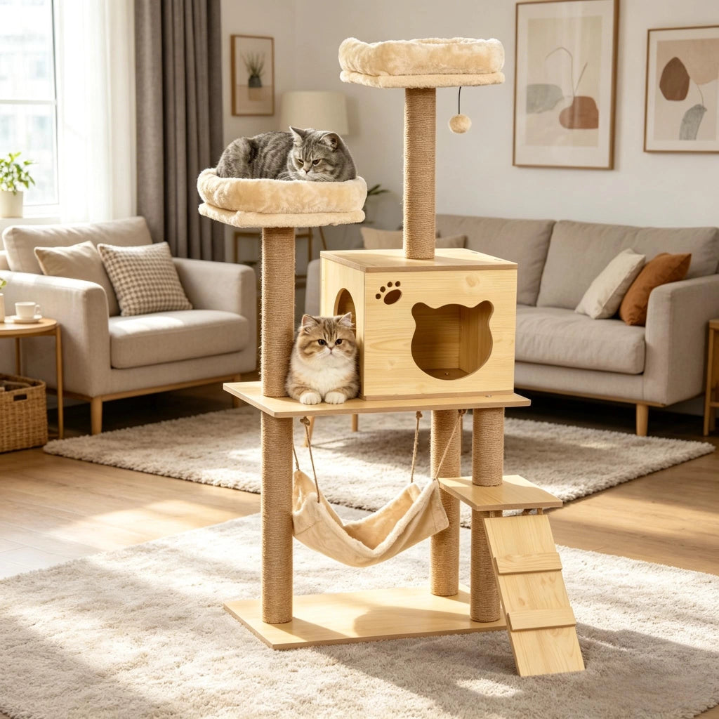 Tiragraffi per gatti con cuccia e amaca; piattaforme e pali in sisal; beige e marrone; 60 × 40 × 130 cm