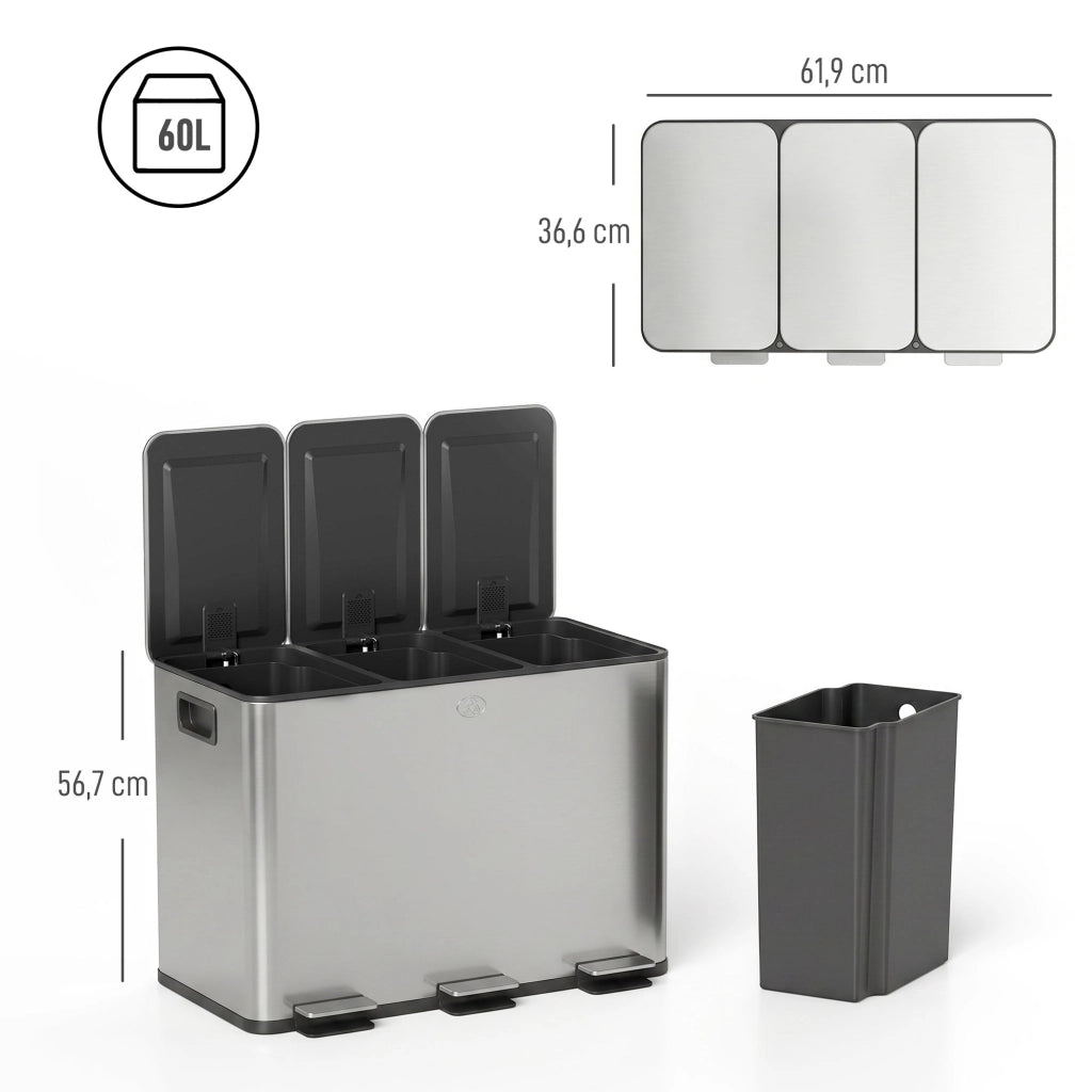 Cestino 3 Scomparti 60L ¨C Minimal ¨C Argento