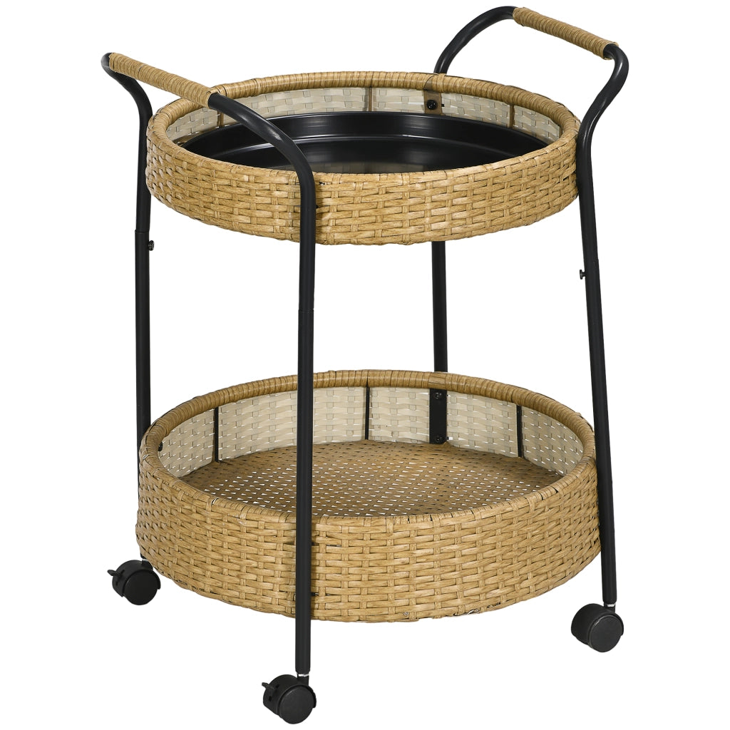 Carrello portavivande rotondo a 2 ripiani in polyrattan giallo con 4 ruote e 2 freni per terrazza Ø 50 × 66 cm