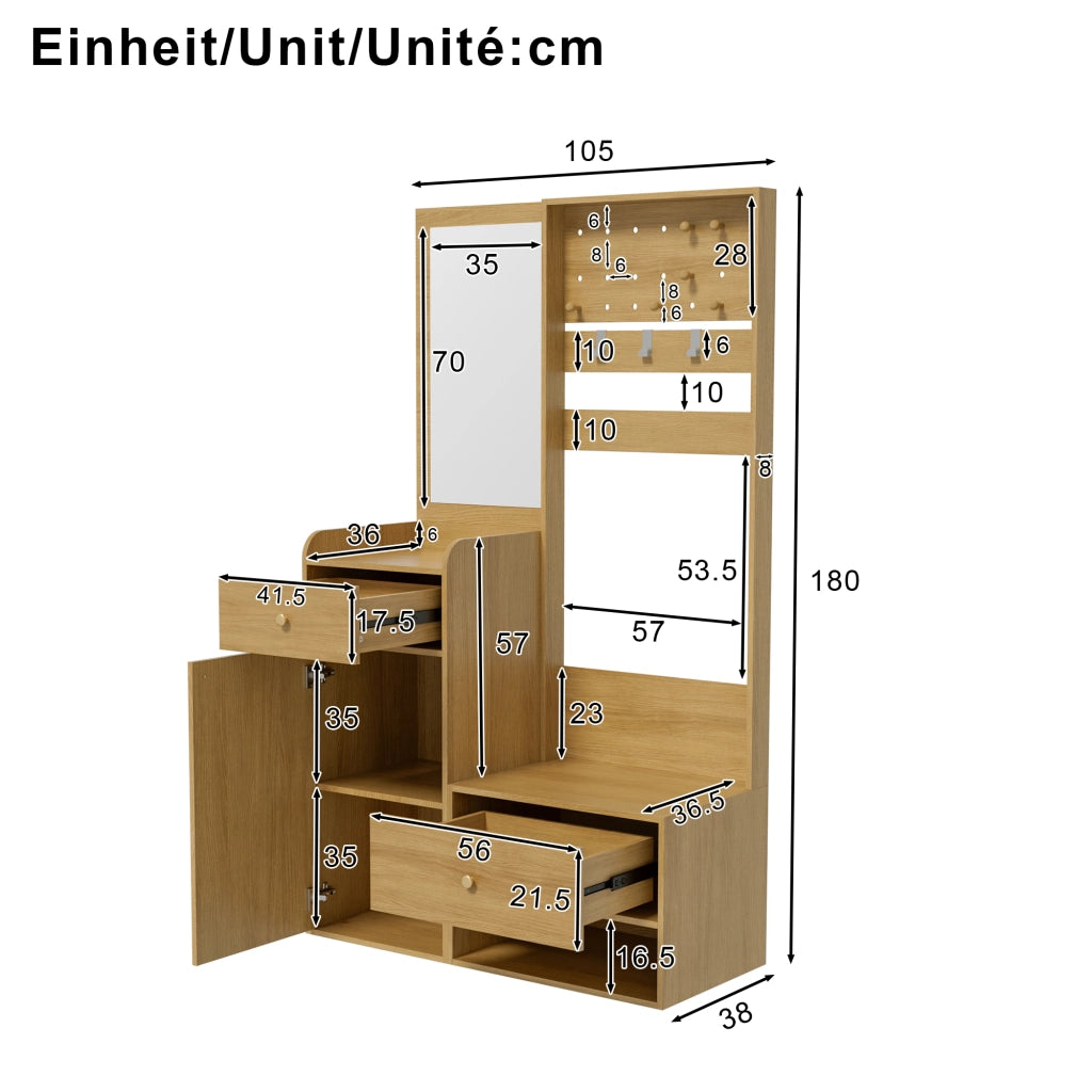 Mobile da ingresso con specchio, 2 cassetti, armadio e ripiani aperti, ganci removibili, color legno, 105 × 38 × 180 cm