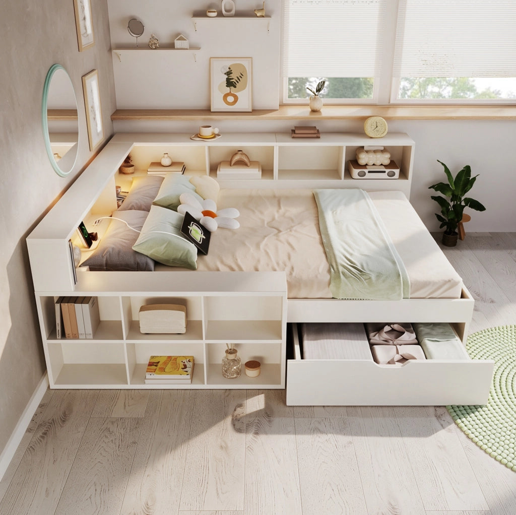 Letto matrimoniale 140x190 cm con contenitore; luci e porte USB/Type-C bianco HOMVRA