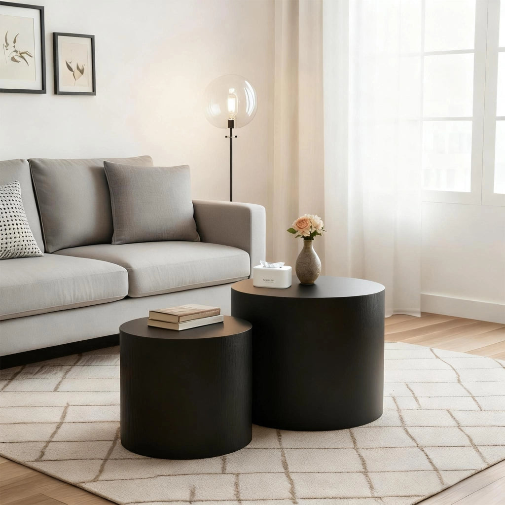 Tavolini da salotto impilabili rotondi set 2 pezzi con piedini antiscivolo, in MDF nero, per soggiorno e camera