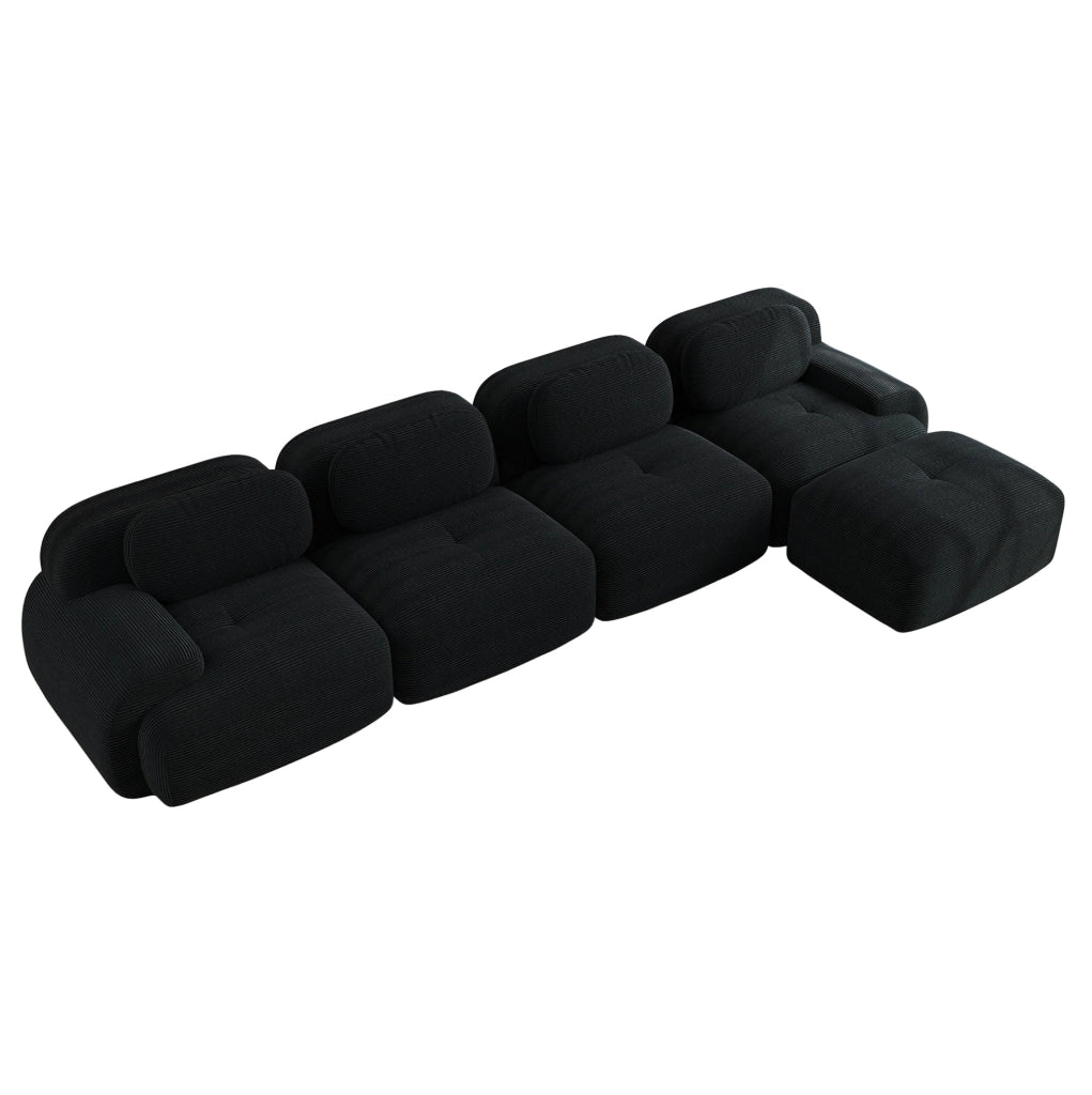 Divano angolare modulare 4 posti con rivestimento in velluto a coste nero, schiuma ad alta densità 32D, senza telaio, con chaise longue e braccioli extra larghi