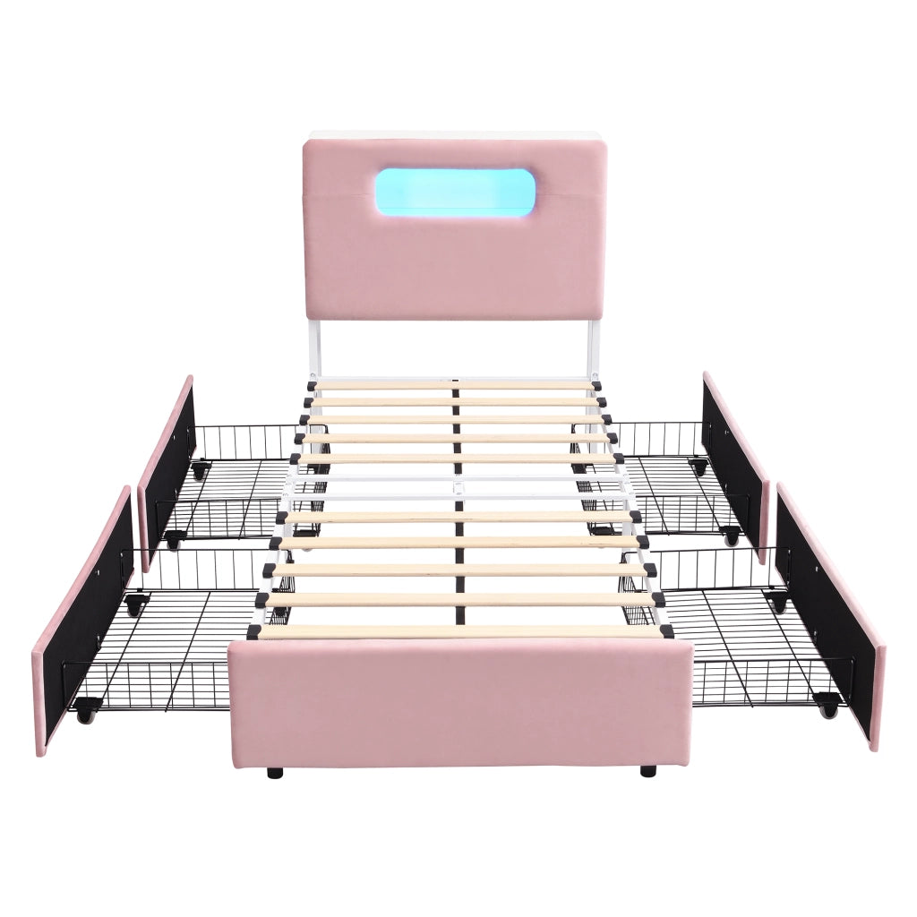 Letto per bambini 90 x 200 cm con 4 cassetti e LED via app, letto singolo in velluto con testiera contenitore, rosa, design moderno