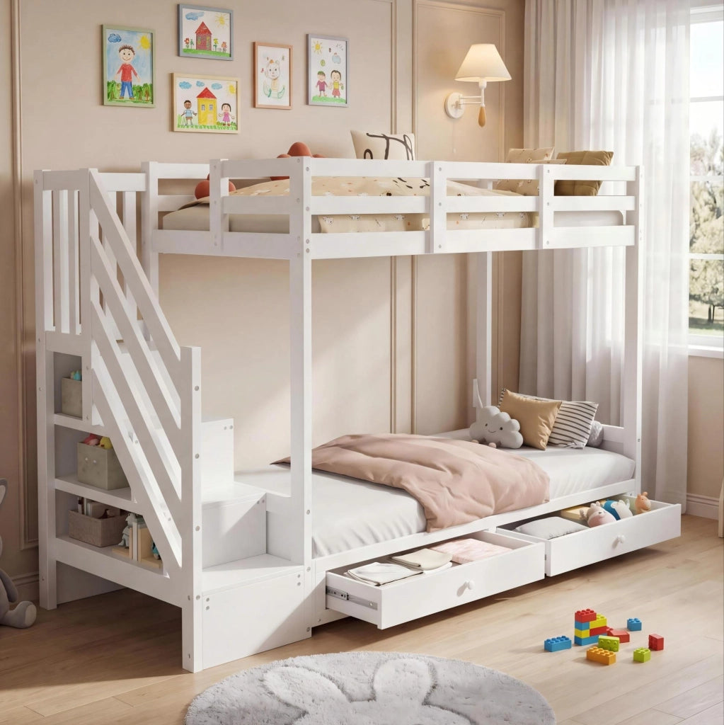 Letto a soppalco per bambini 90x200 cm con divano regolabile; scale contenitore e 2 cassetti bianco HOMVRA
