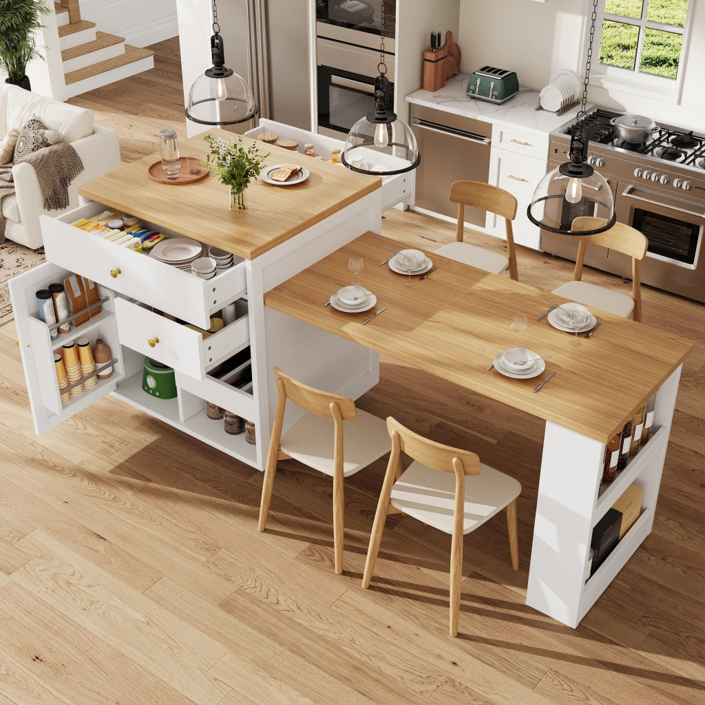Cassone da cucina con piano estraibile cassetti e portabottiglie in MDF bianco 122.5–195.5 × 70 × 93.8 cm