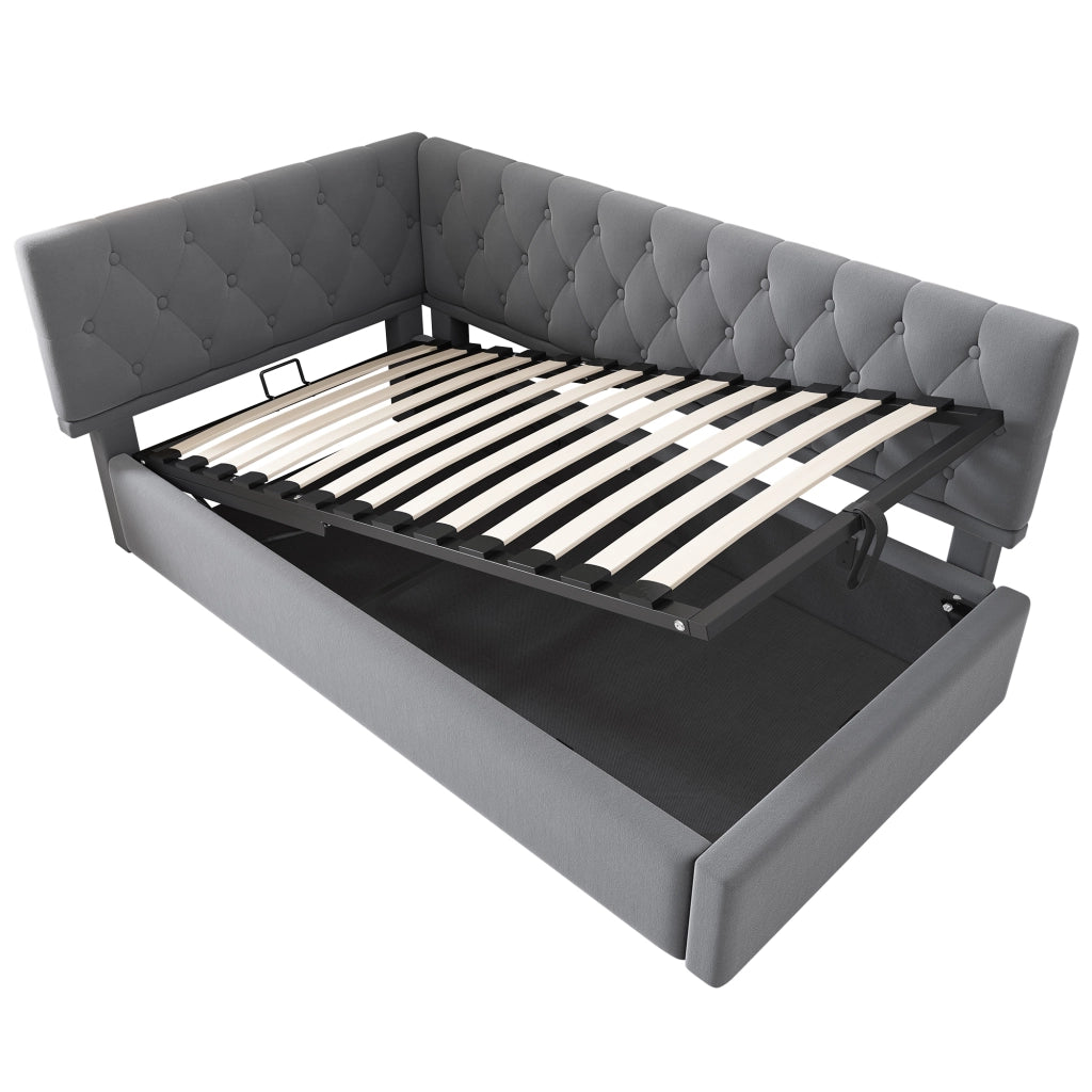 Letto divano singolo 90 × 190 cm con contenitore idraulico e testiera reversibile, senza materasso, velluto grigio