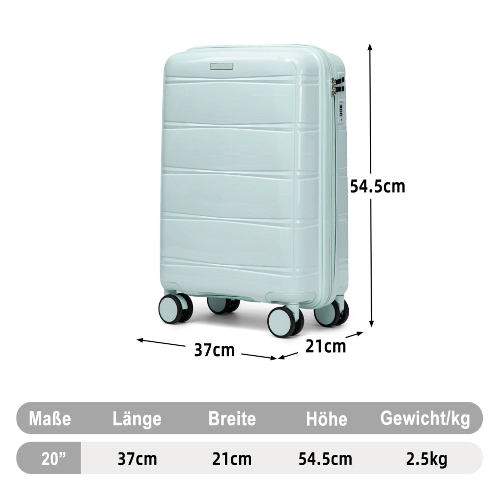 Valigia rigida cabina 37x21x54,5 cm in PP verde menta, lucchetto a combinazione