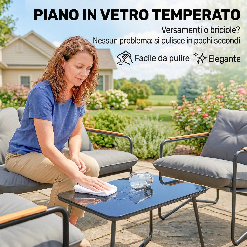 Set 4 Pezzi Salotto da Giardino con Divano 2 Posti e 2 Poltrone con Cuscini in Metallo e Texteline Grigio Chiaro