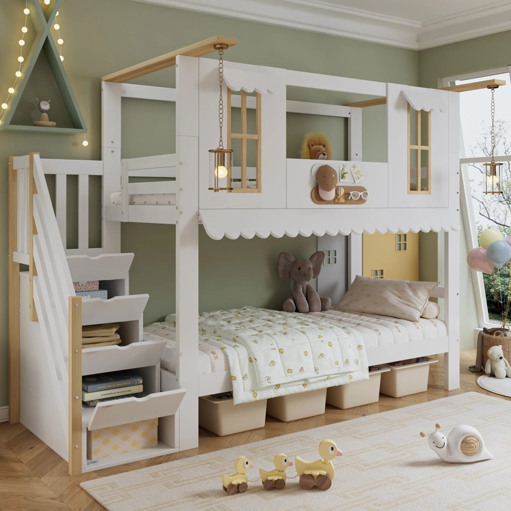 Letto a castello per bambini 90 × 200 cm 2 posti con scala contenitore; senza materasso; bianco e naturale