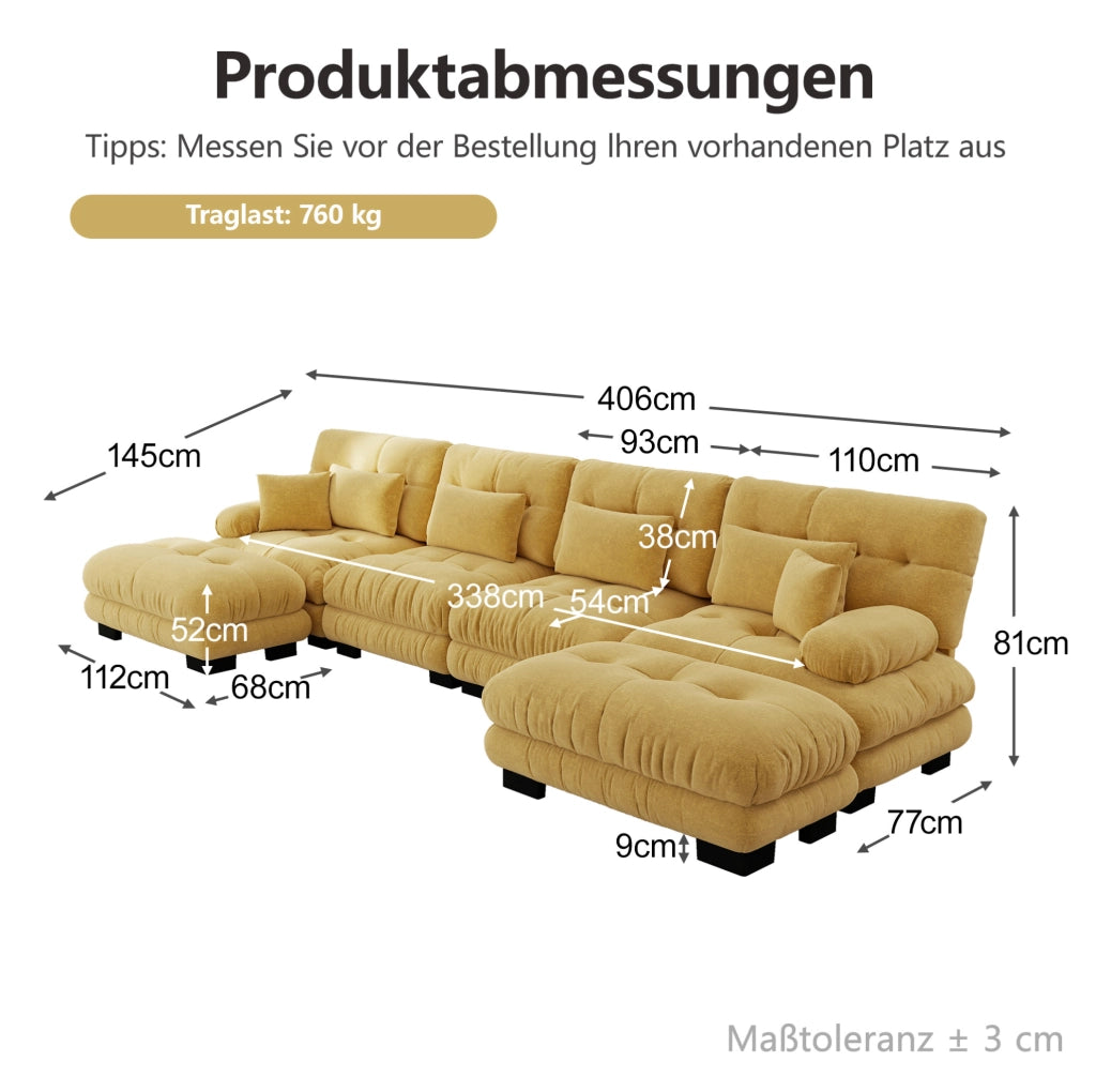 Divano modulare angolare a U 4 posti in tessuto vintage Chenille giallo con pouf mobile