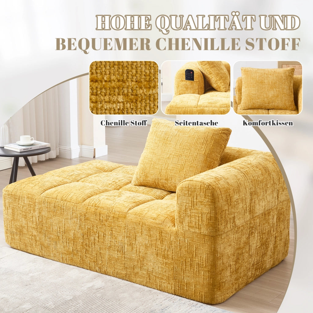 Divano chaise longue in ciniglia giallo con tasche laterali e cuscino