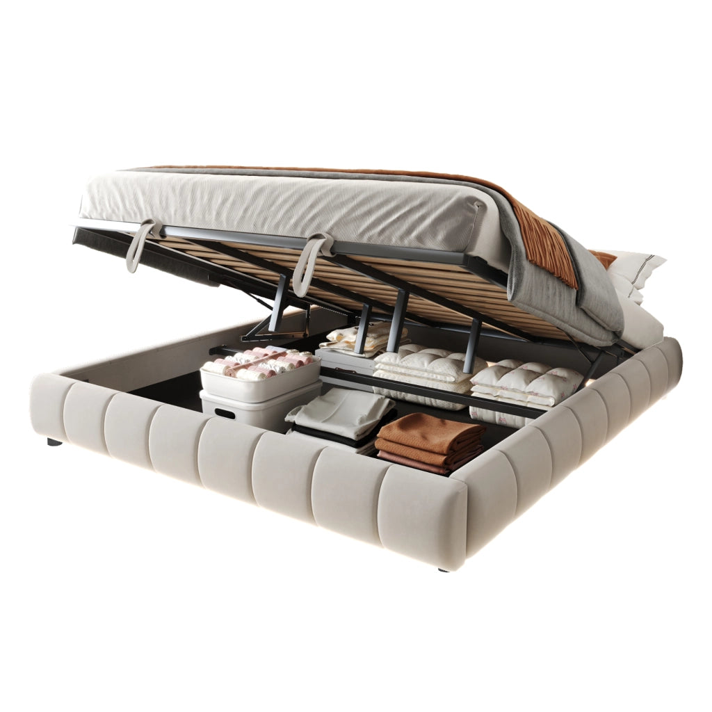 Letto Matrimoniale Imbottito 180x200 cm in Velluto con Contenitore Idraulico; LED; Testiera; Beige