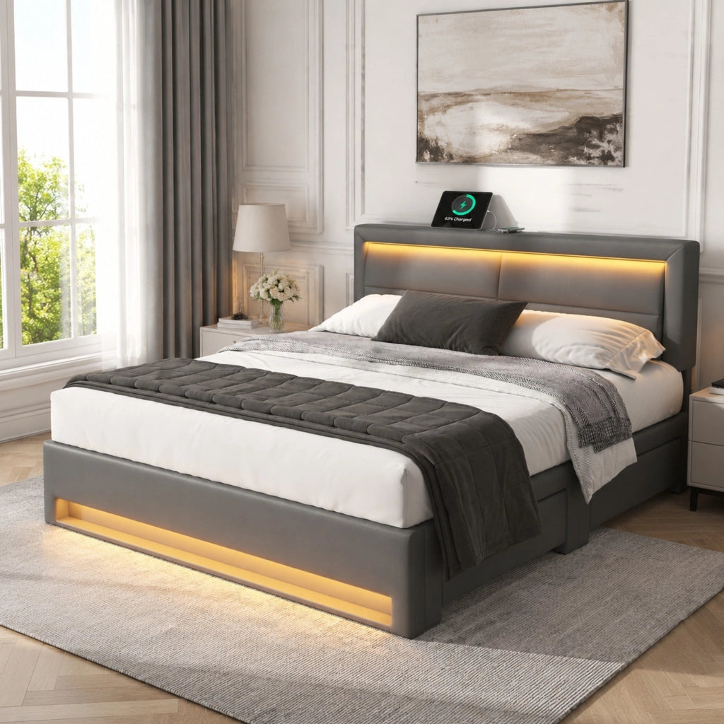 Letto imbottito 140x200 cm con LED, USB e 4 cassetti