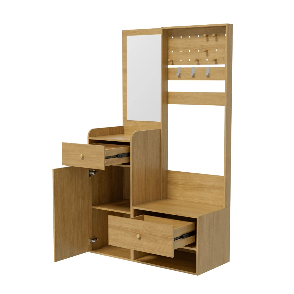 Mobile da ingresso con specchio, 2 cassetti, armadio e ripiani aperti, ganci removibili, color legno, 105 × 38 × 180 cm