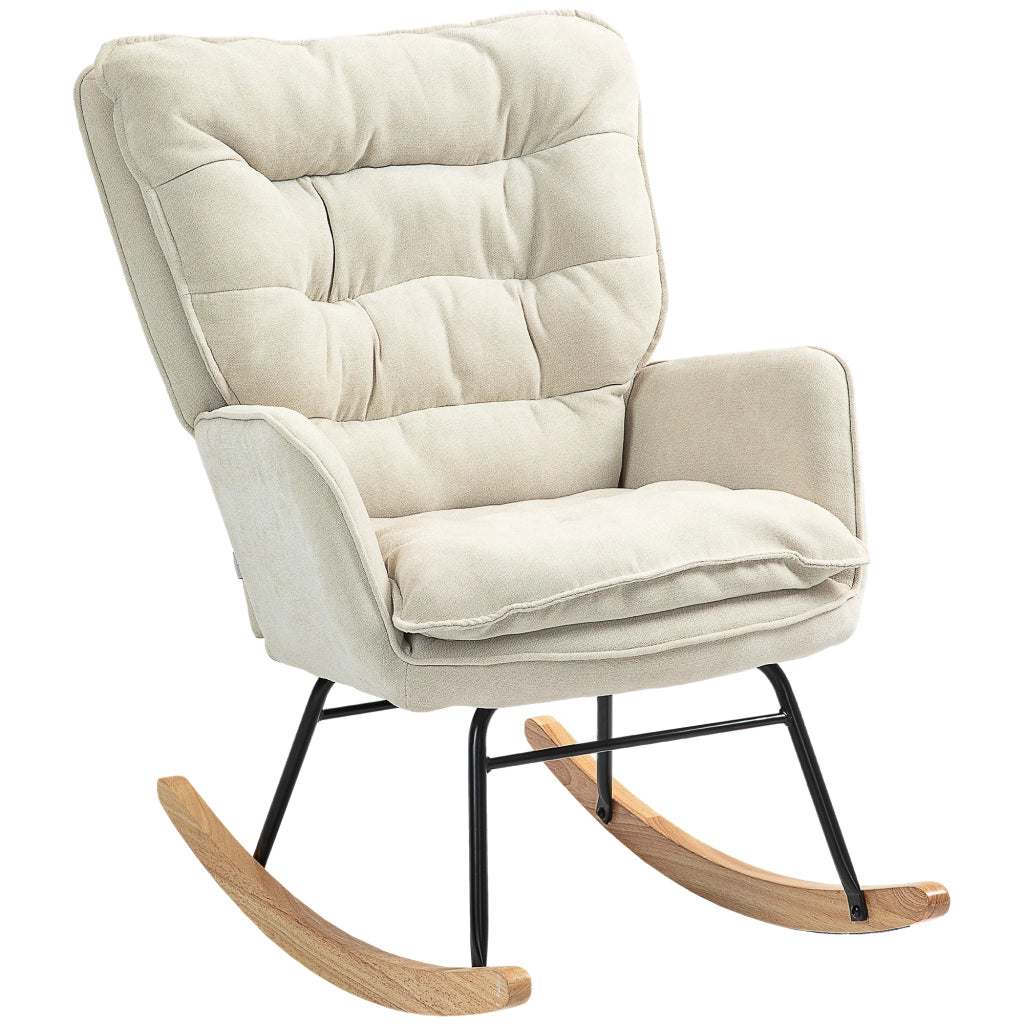 Poltrona a dondolo beige con braccioli e rivestimento effetto ciniglia
