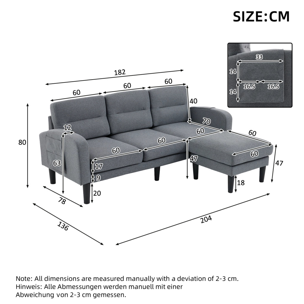 Divano angolare a L 3 posti con chaiselongue grigio 204x136x80 cm con tasche laterali e 10 piedi