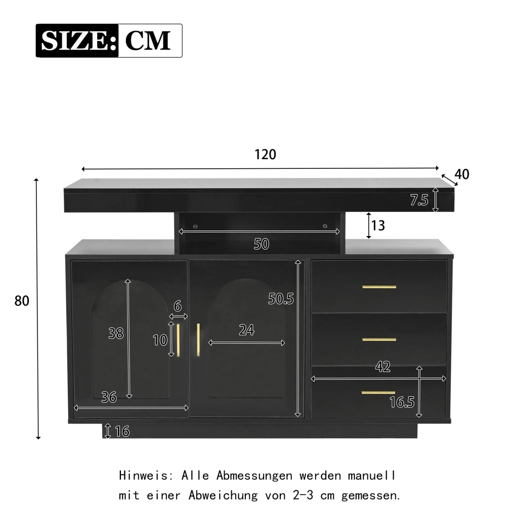 Madia buffet 120x40x80 cm con LED RGB; 3 cassetti e ante in acrilico nera HOMVRA