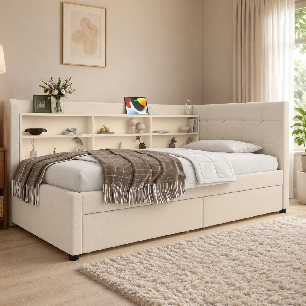 Letto singolo 90x200 cm con 2 cassetti; USB e USB-C; ripiani in lino e MDF beige