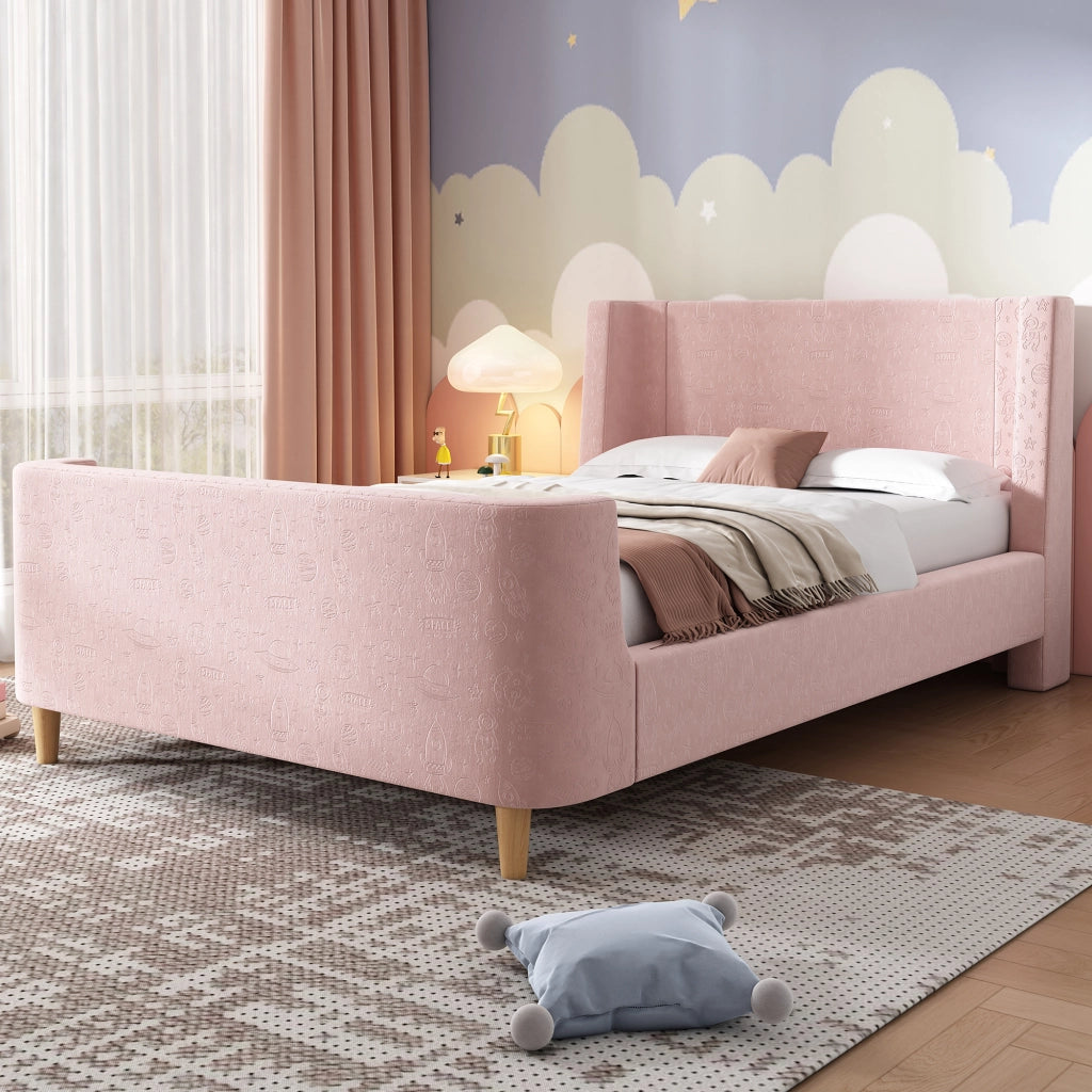 Letto singolo 90 × 200 cm con testiera imbottita e motivo spaziale rivestito in velluto rosa con rete a doghe