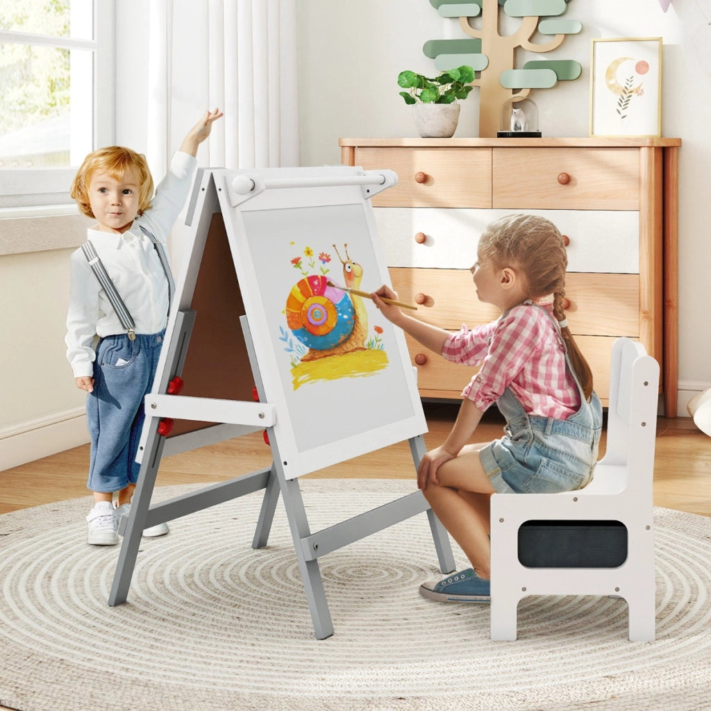 Cavalletto artistico doppia faccia per bambini con sedia contenitore, Cavalletto da disegno regolabile in altezza Grigio