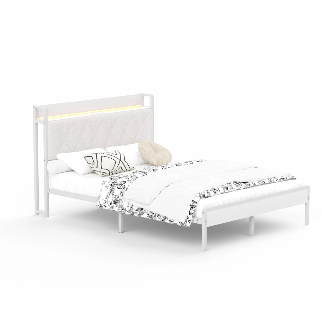 Letto Matrimoniale 140x190 cm con LED e USB; in Lino e Acciaio; Bianco