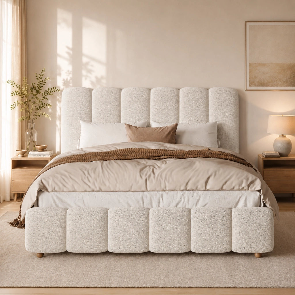 Letto contenitore 140x190 cm; matrimoniale con contenitore idraulico; rete a doghe; testiera capitonné; bouclé; bianco