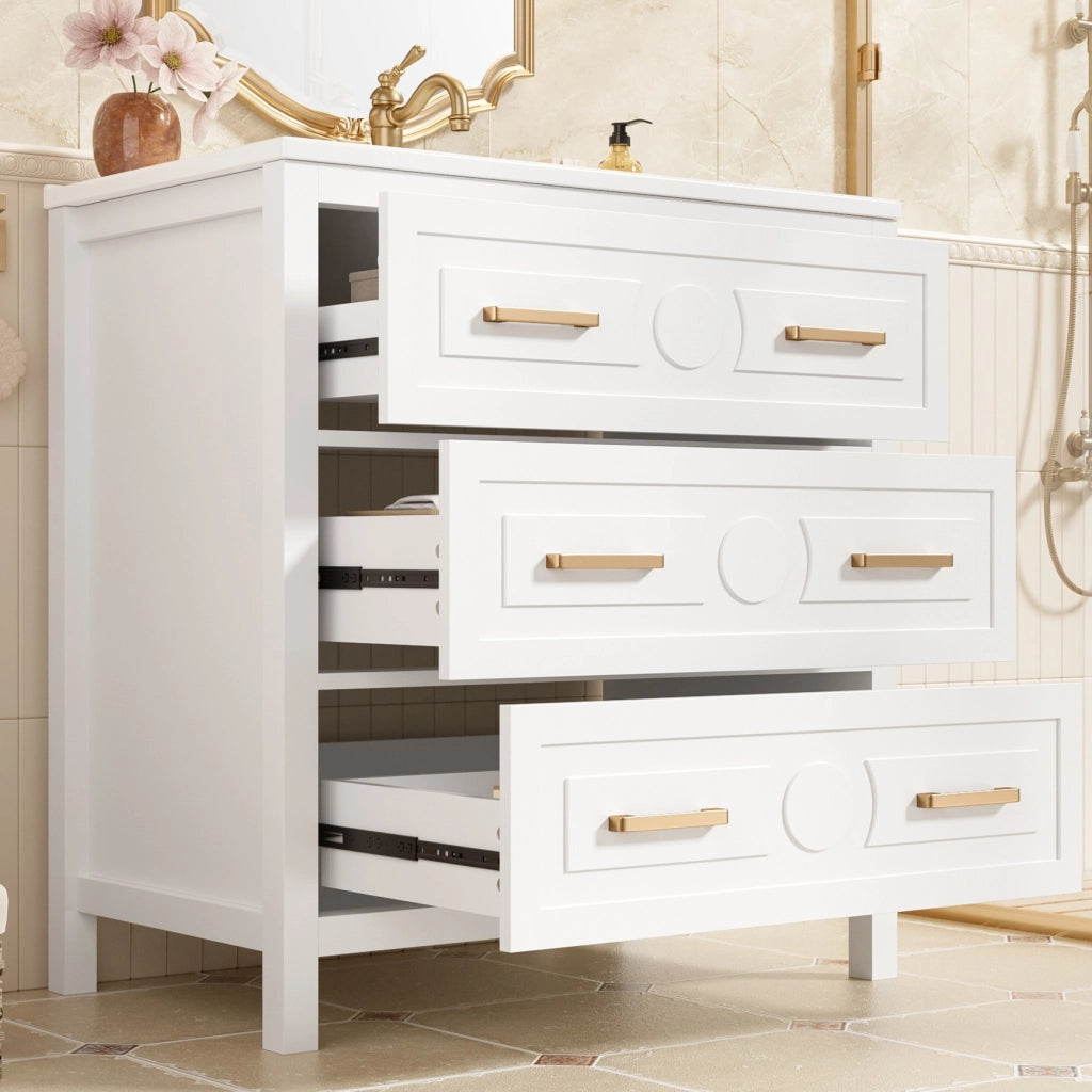 Mobiletto con lavabo in ceramica con 3 cassetti silenziosi in MDF laccato bianco 76.5 × 47 × 82 cm