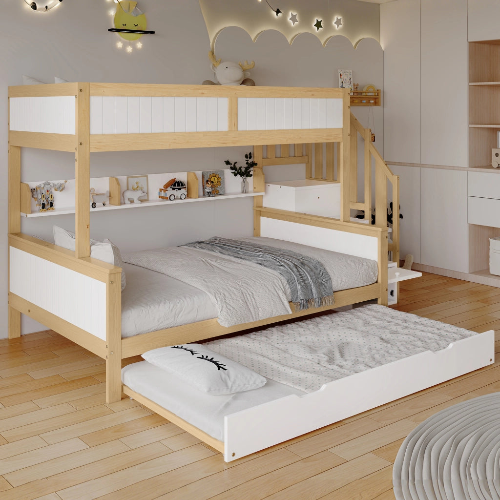 Letto a castello per bambini a tre posti in pino e MDF; con scala contenitore; armadio laterale; bianco e legno naturale