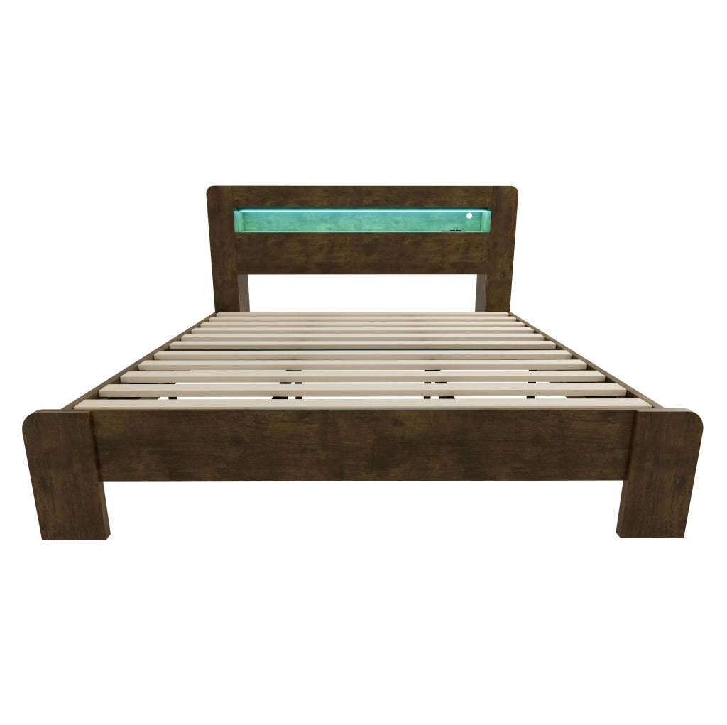 Letto in legno con testiera contenitore, illuminazione LED e prese integrate 180x200 cm Vintage