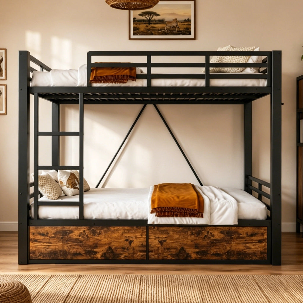 Letto a castello 140 × 200 cm 2 posti con cassetti e scala; senza materasso; in metallo e legno; nero