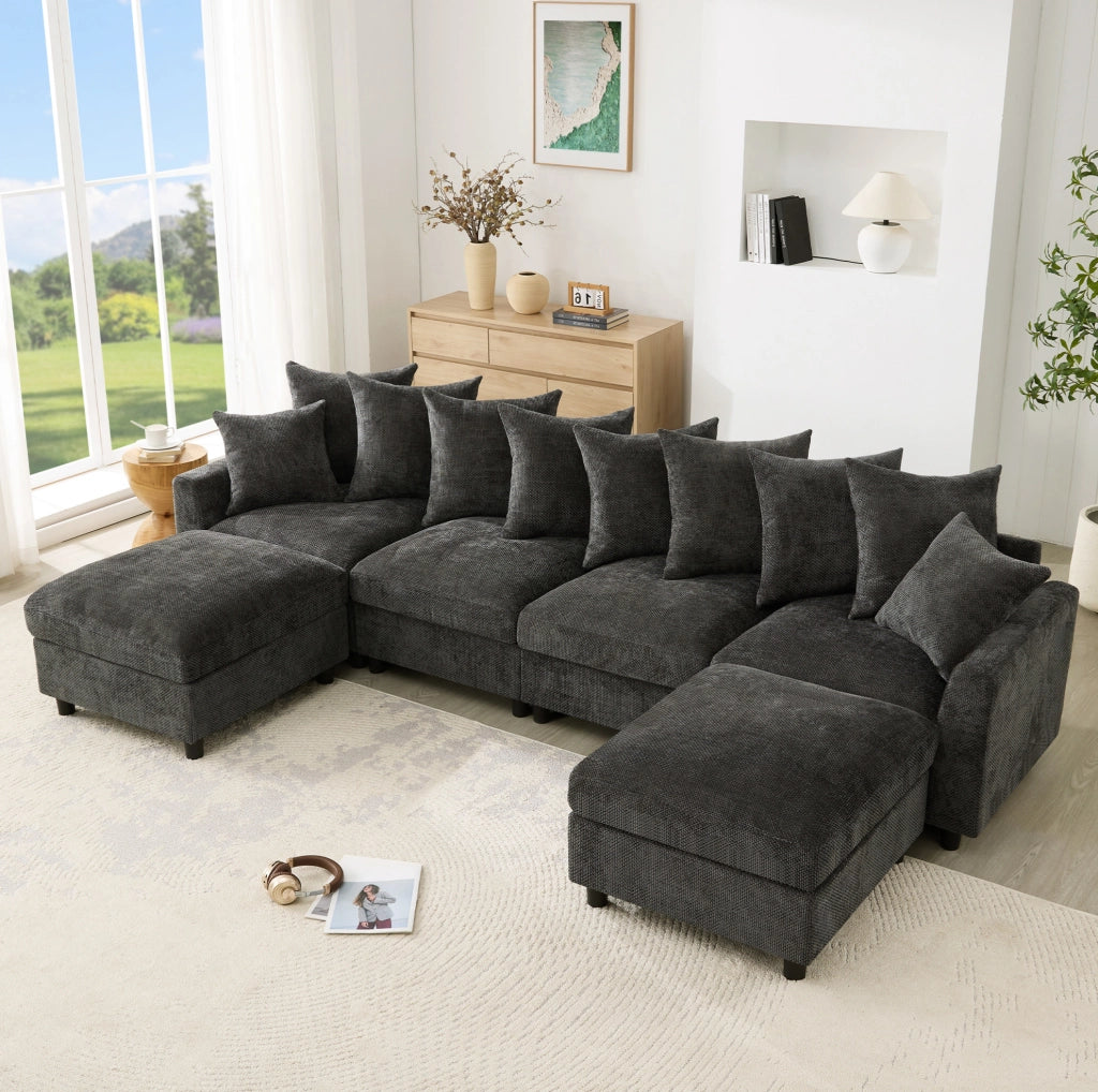 Divano modulare ULEVR 6 posti a U o L con 2 pouf, USB e Type-C, cuscini regolabili, chenille grigio