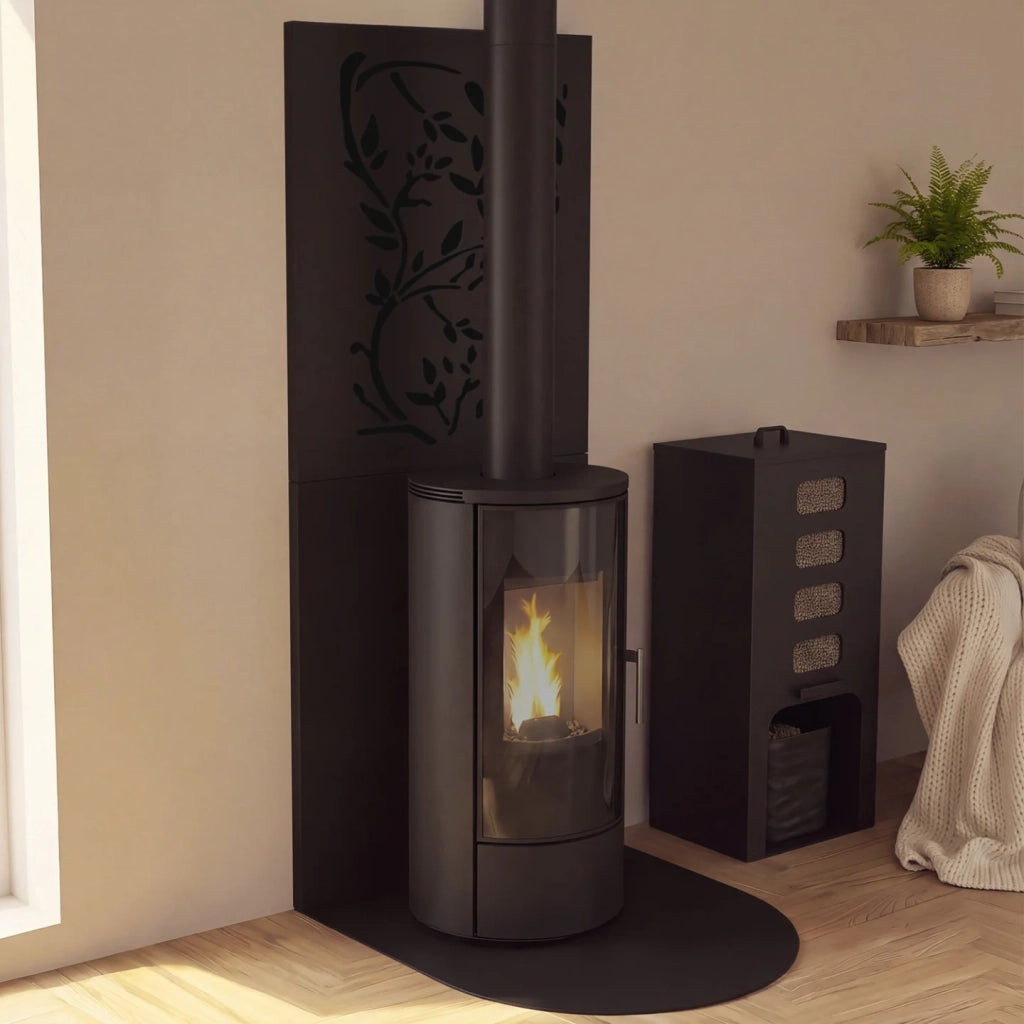 IDMarket - Piastra di protezione da parete per stufa a pellet/legna 80 x 120 cm in metallo nero con motivo floreale