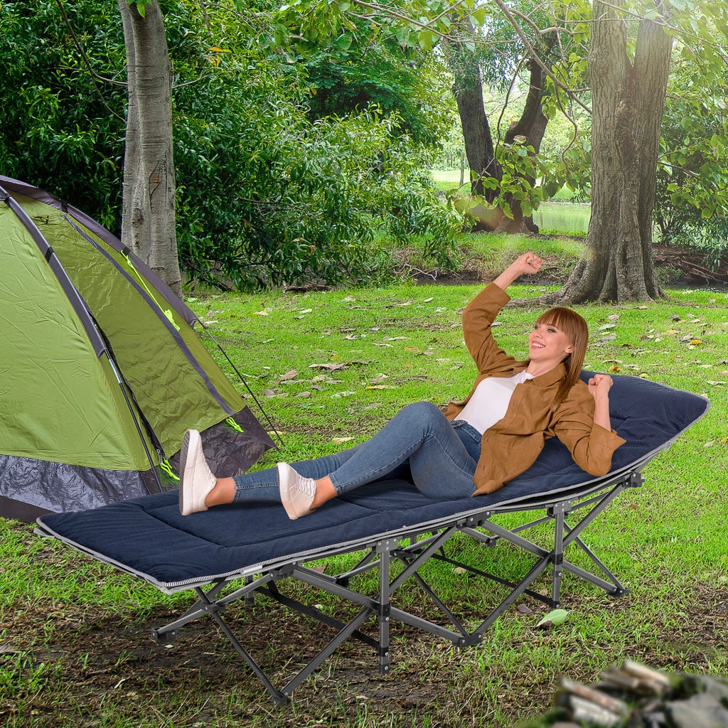 Letto da campeggio pieghevole con cuscino e tasca laterale; 188 x 64;5 x 53 cm; blu scuro
