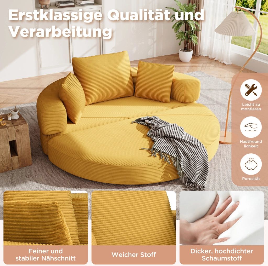 Divano letto pieghevole 2 in 1 in corda, 173x176 cm, giallo, con 3 cuscini