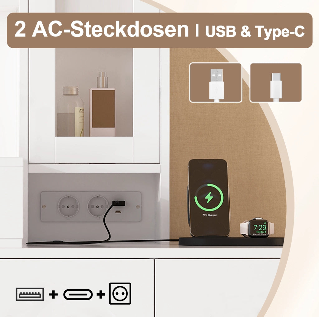 Toeletta bianca con specchio LED, 8 cassetti, vetrinetta, prese USB e sgabello