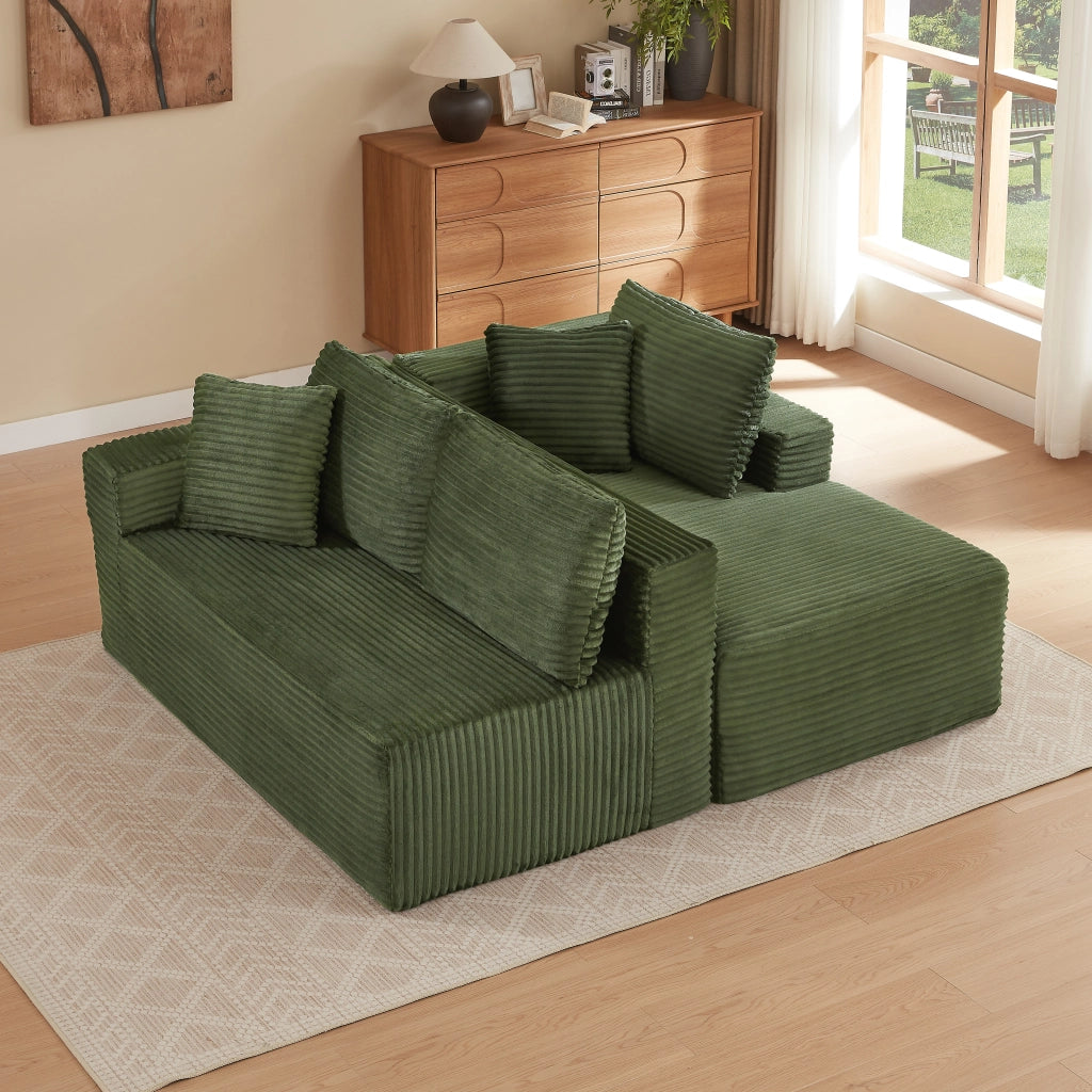 Divano modulare con chaise longue e cuscini rimovibili in schiuma e molle verde
