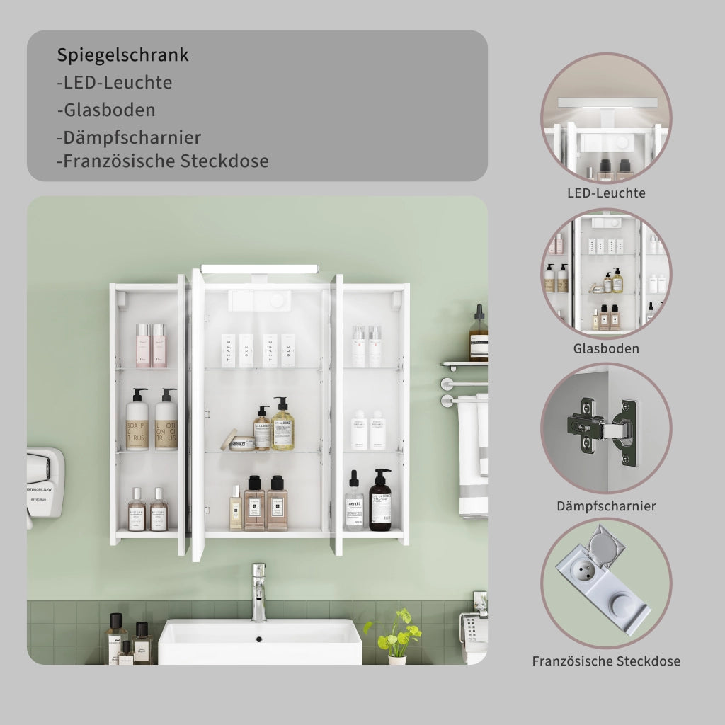 Armadietto da bagno a parete con 3 ante a specchio; LED; presa francese e ripiani regolabili bianco 80 cm