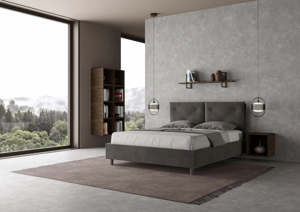 BS COM Letto queen size con rete imbottito 150x210 microfibra grigio Large