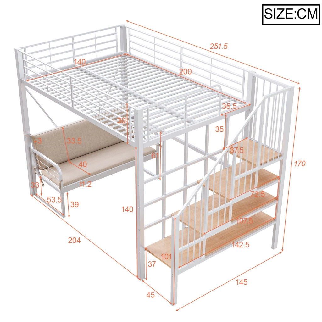 Letto a castello 140 × 200 cm 2 posti; scala contenitore e divano removibile; senza materasso; bianco