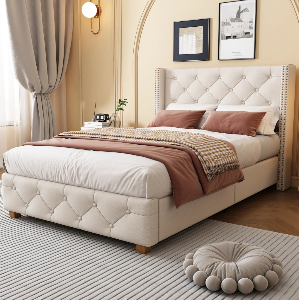 LETTO imbottito 90x200 cm in lino beige con rete a doghe