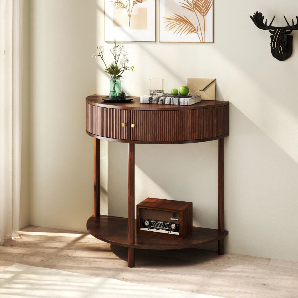 Consolle mezzaluna con motivo 3D ondulato, decoro legno noce MDF laccato UV, gambe in massello, 2 cassetti e ripiano inferiore