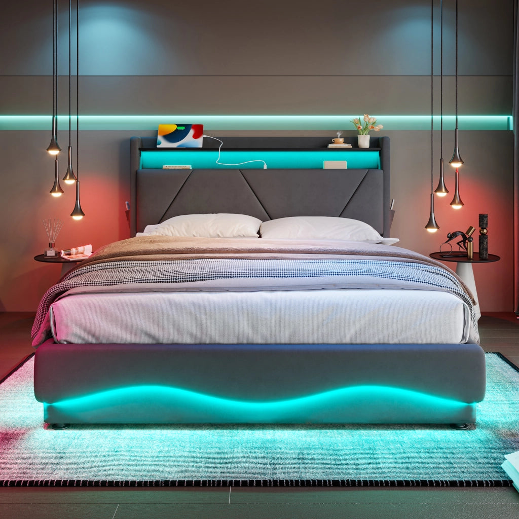 Letto contenitore 140 × 200 cm con testiera a ripiani e vano contenitore; velluto grigio scuro con LED e USB