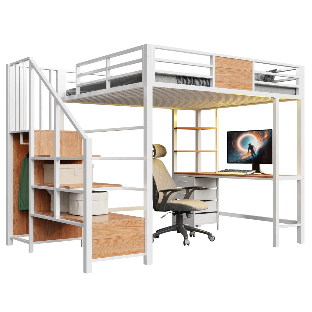 Letto a soppalco 140x200 cm per adulti con scrivania; ripiani; appendiabiti; LED e presa; metallo bianco